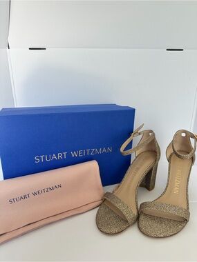 Stuart Weitzman Metallic Gold Block Heel Ankle-Strap Sandals